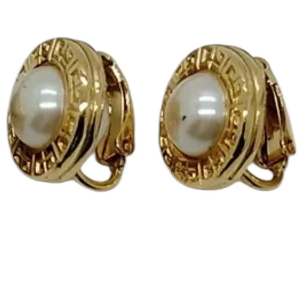 Givenchy Earrings Logo Vintage Pearl and Gold Clip On - Picture 3 of 5